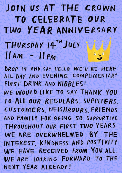 Join us at The Crown to celebrate our two year anniversary
